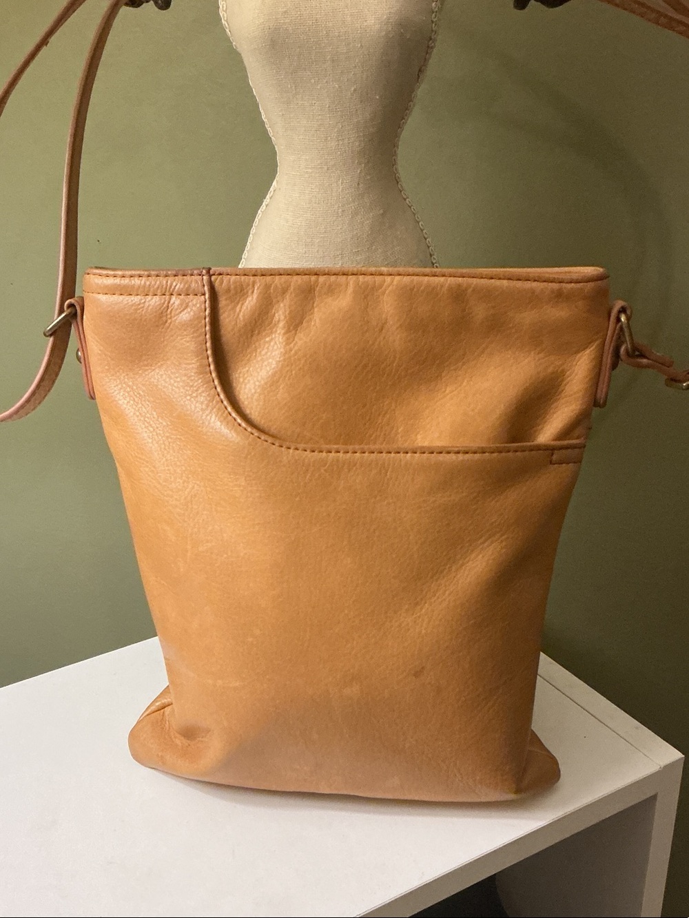 margot Tan Genuine Leather Crossbody Bucket Bag Adjustable Strap
